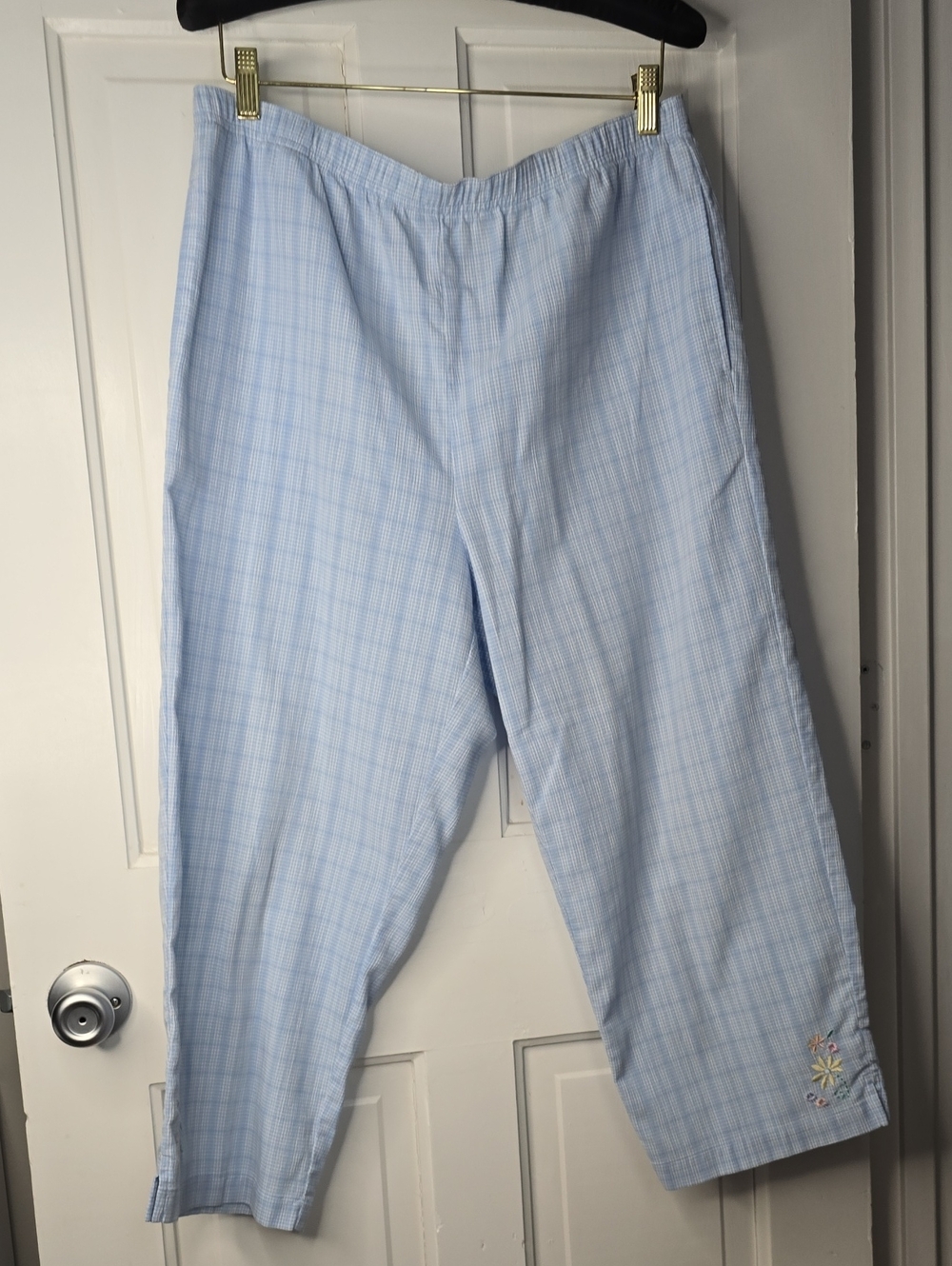 Koret Light Blue Plaid Elastic-Waist Joggers with Embroidered Flower